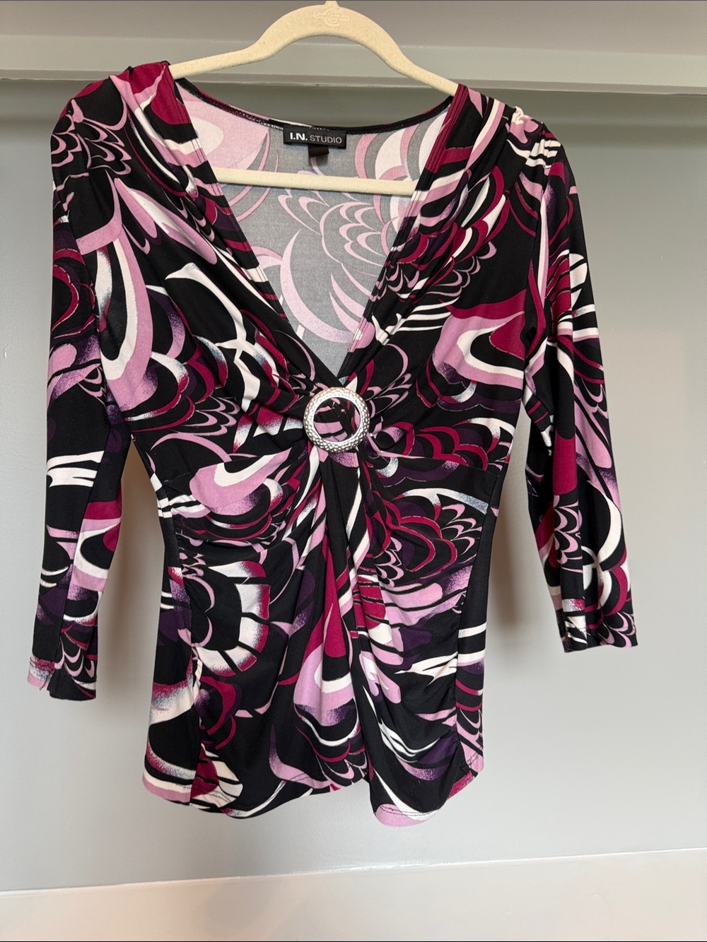 I.N. Studio Black Pink Purple Patterned V-Neck Top with Ring Detail